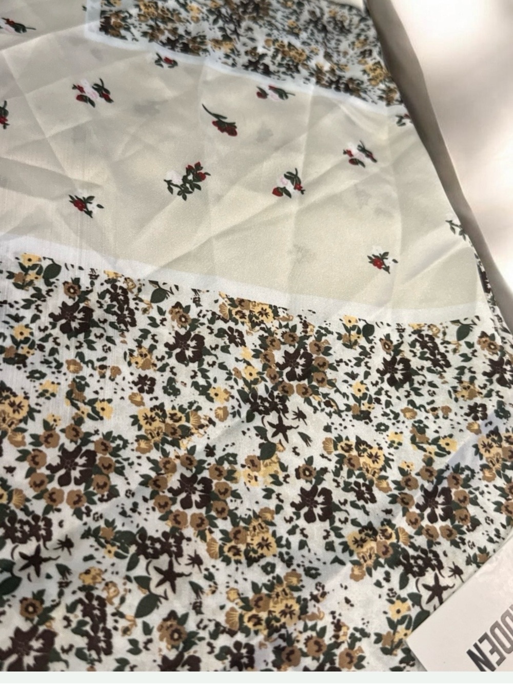 Steve Madden Cream Scarf with Brown, Gold and Green Floral Patchwork